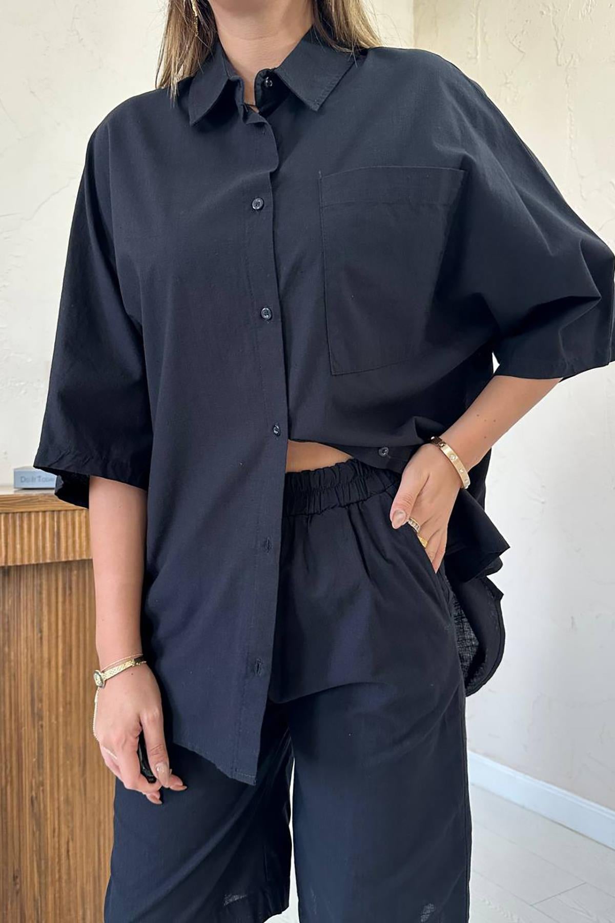 Toptan Siyah Kısa Kollu Keten Gömlek Ve Şort Takım