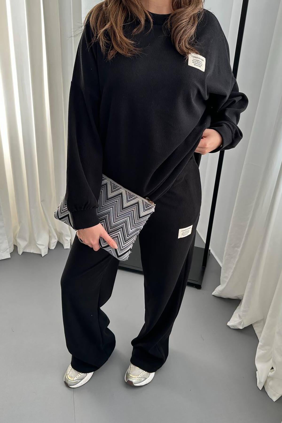 Toptan Siyah Klasik Fitilli Kazak Ve Pantolon Takım