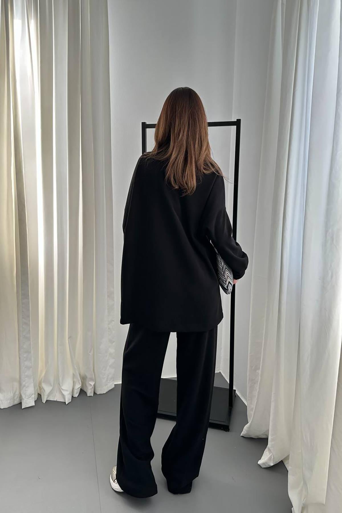 Toptan Siyah Klasik Fitilli Kazak Ve Pantolon Takım