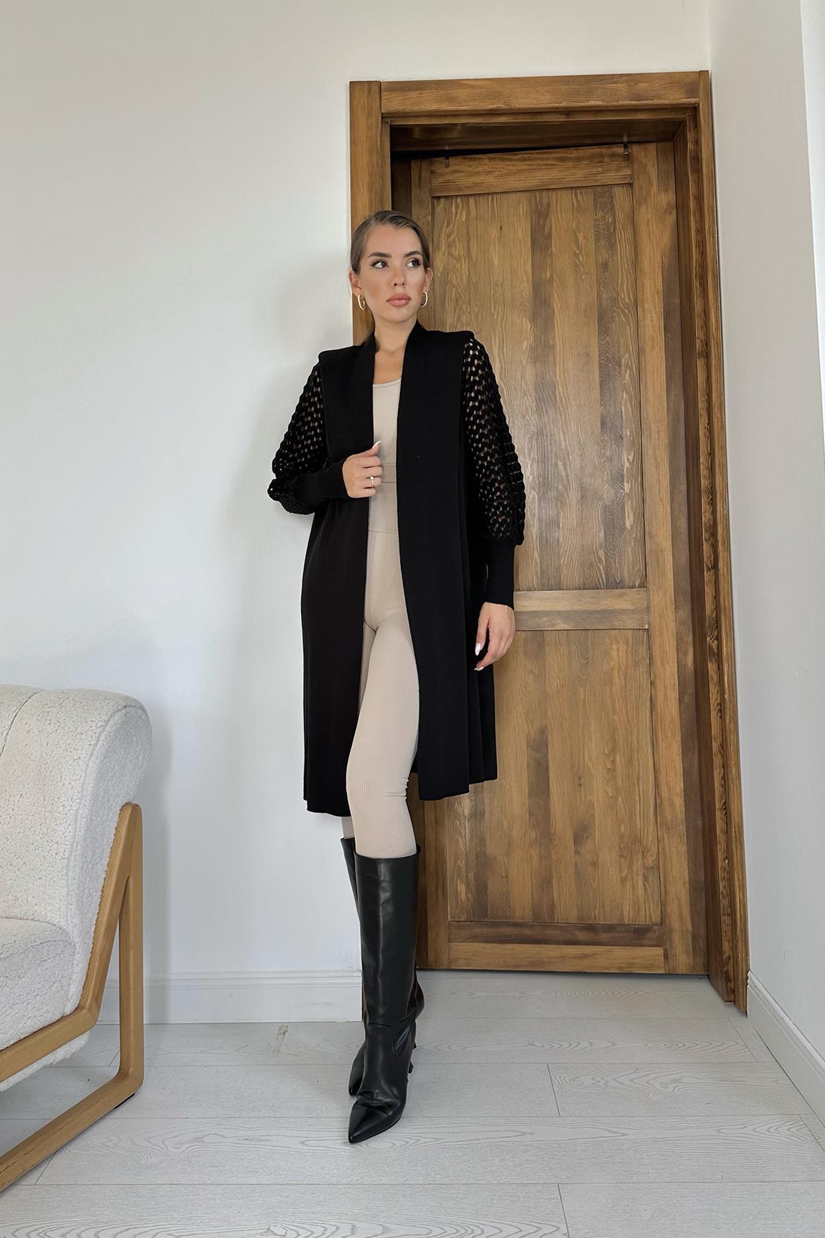 Toptan Siyah Kolları Örgülü Triko Hırka Siyah STD