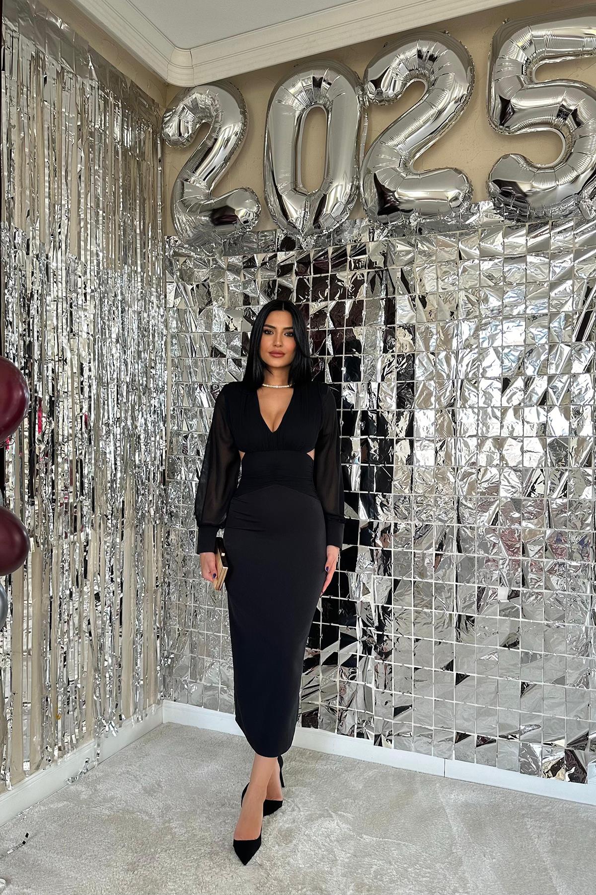 Toptan Siyah Kolları Şifon Arka Bel Detaylı Elbise