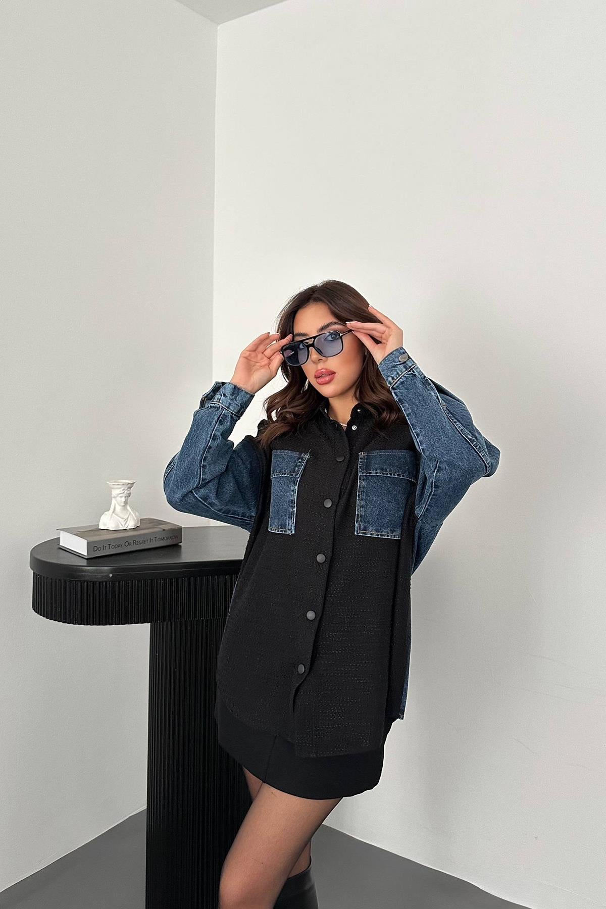 Toptan Siyah Kot Garnili Ceket Siyah L