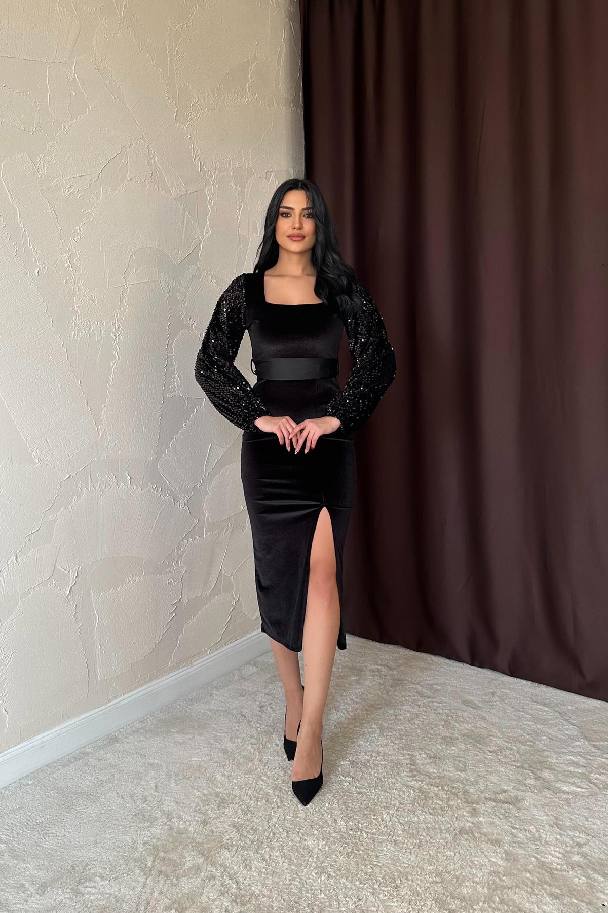 Toptan Siyah Pul Payetli Kadife Elbise