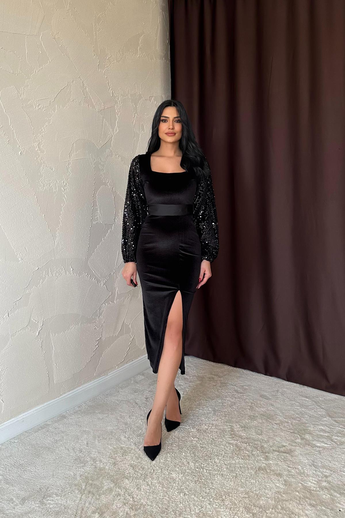 Toptan Siyah Pul Payetli Kadife Elbise Siyah L