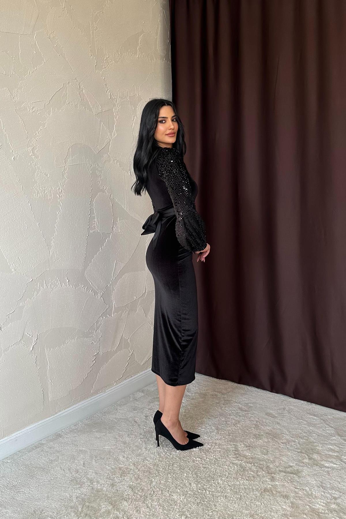 Toptan Siyah Pul Payetli Kadife Elbise