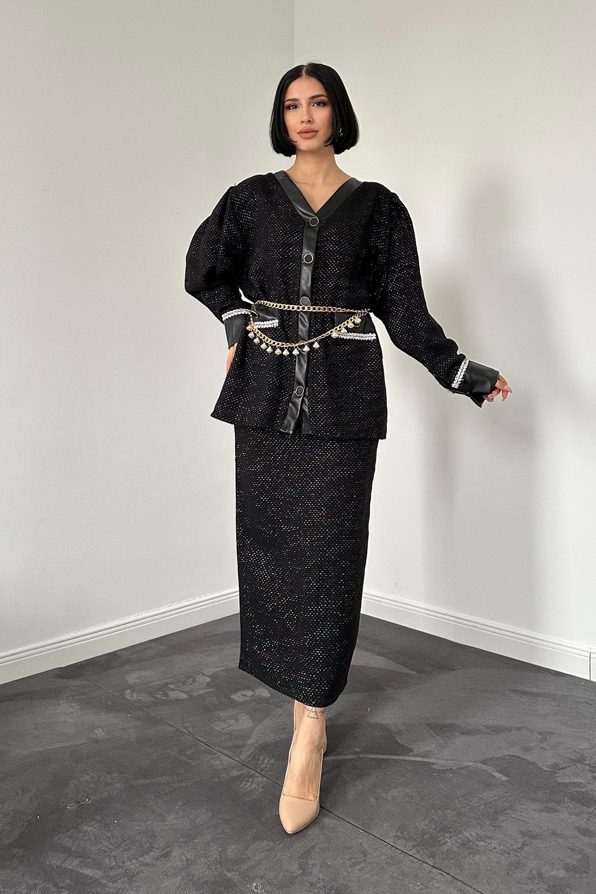 Toptan Siyah Simli Tüvil Takım Siyah L