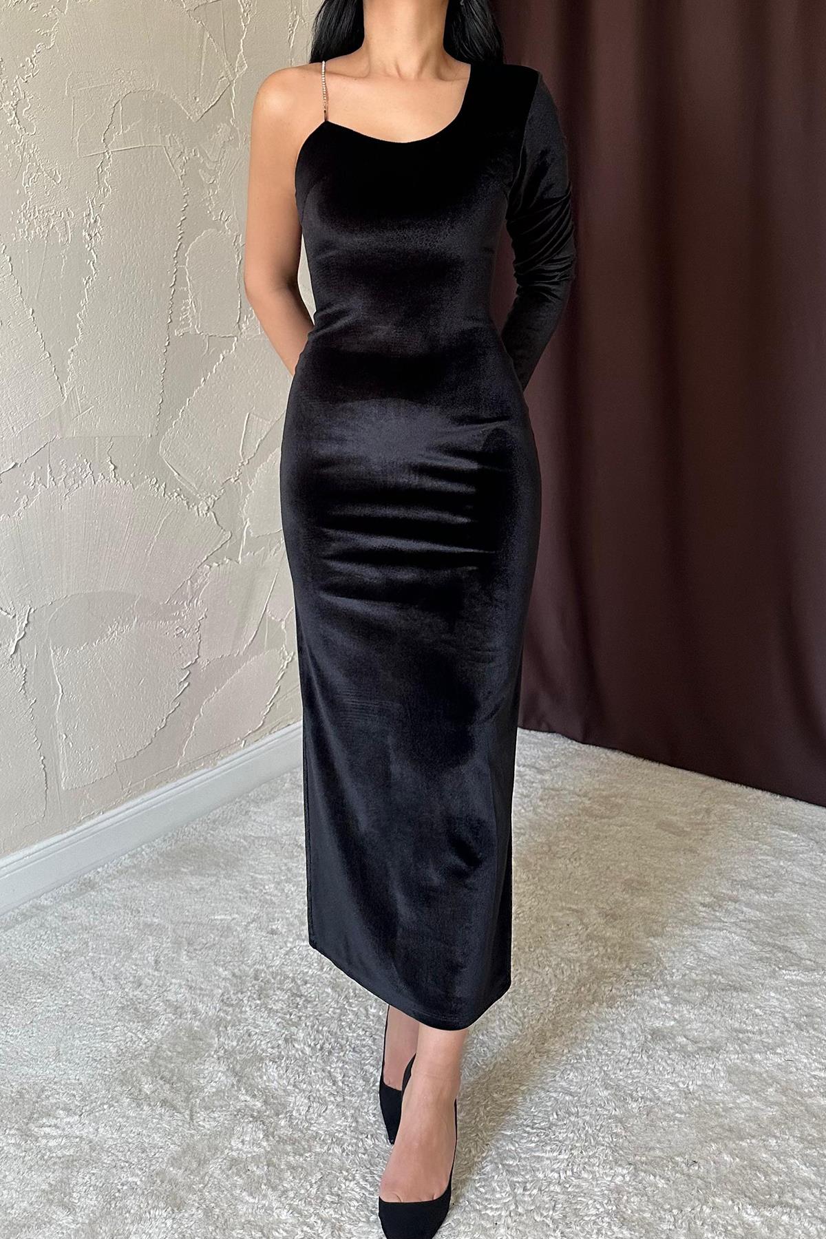 Toptan Siyah Tek Omuzlu Taş Askılı Elbise