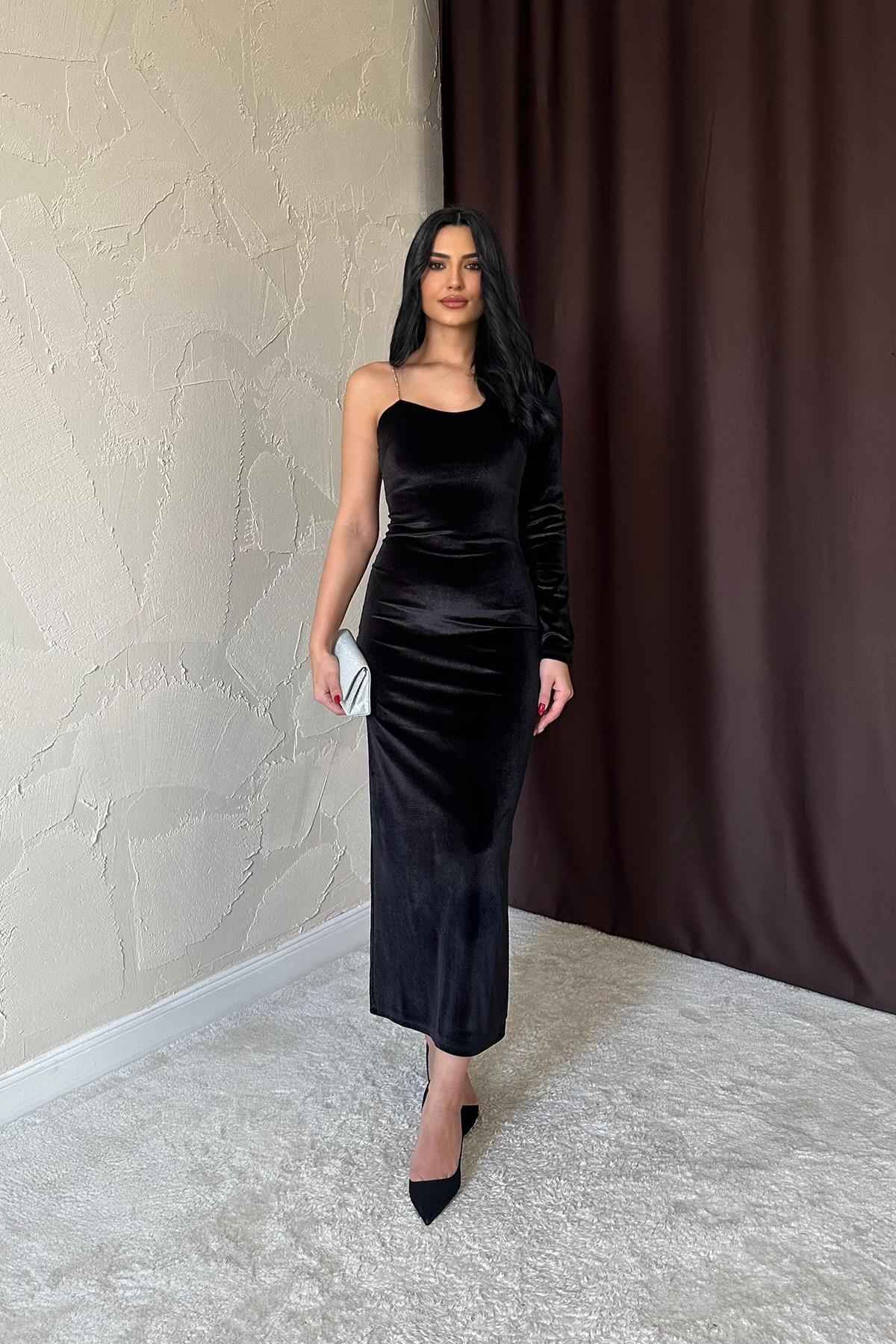 Toptan Siyah Tek Omuzlu Taş Askılı Elbise Siyah L