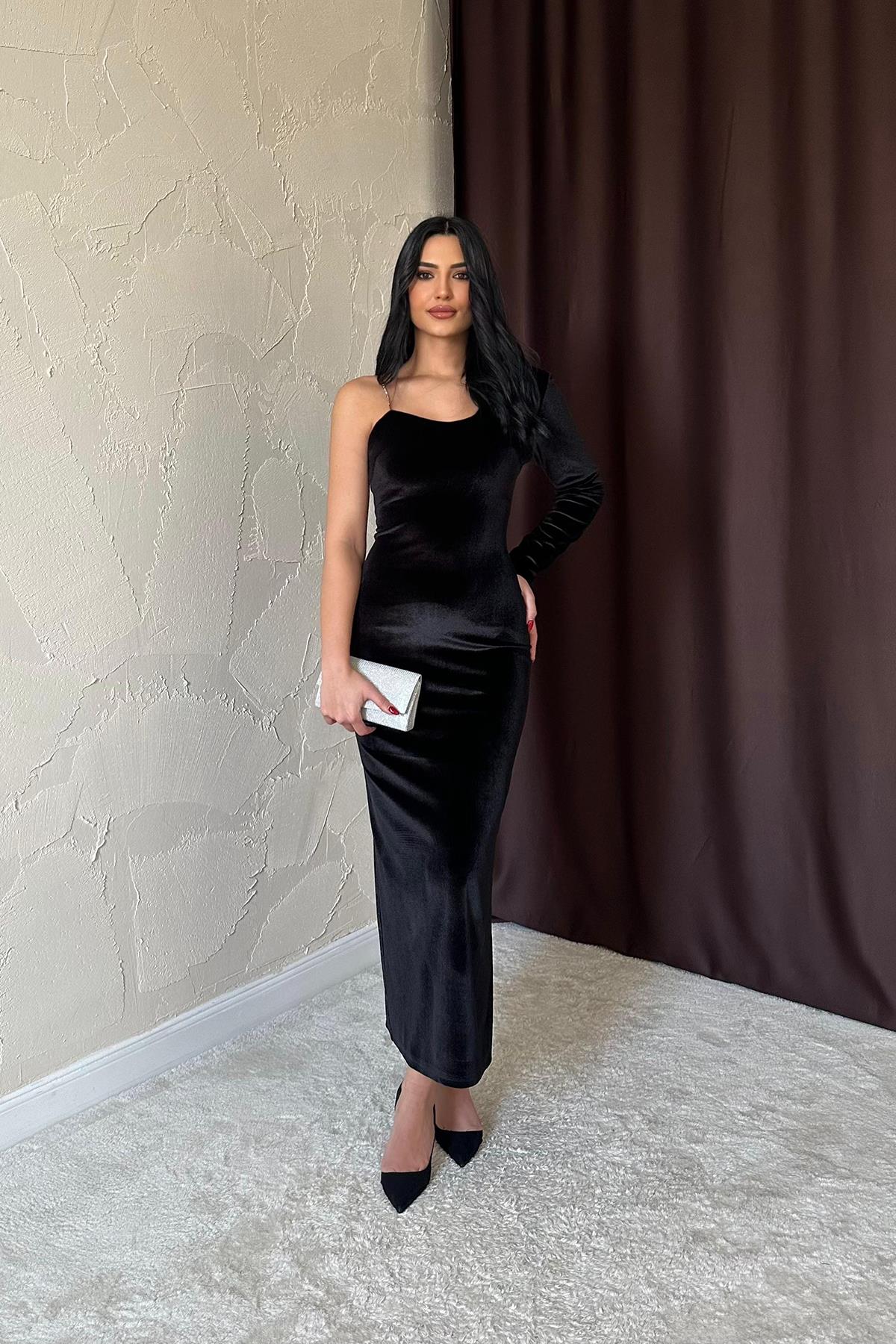 Toptan Siyah Tek Omuzlu Taş Askılı Elbise