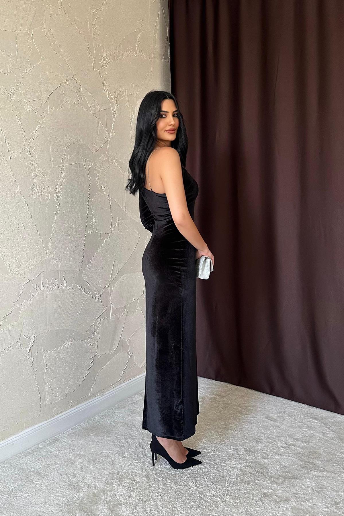 Toptan Siyah Tek Omuzlu Taş Askılı Elbise