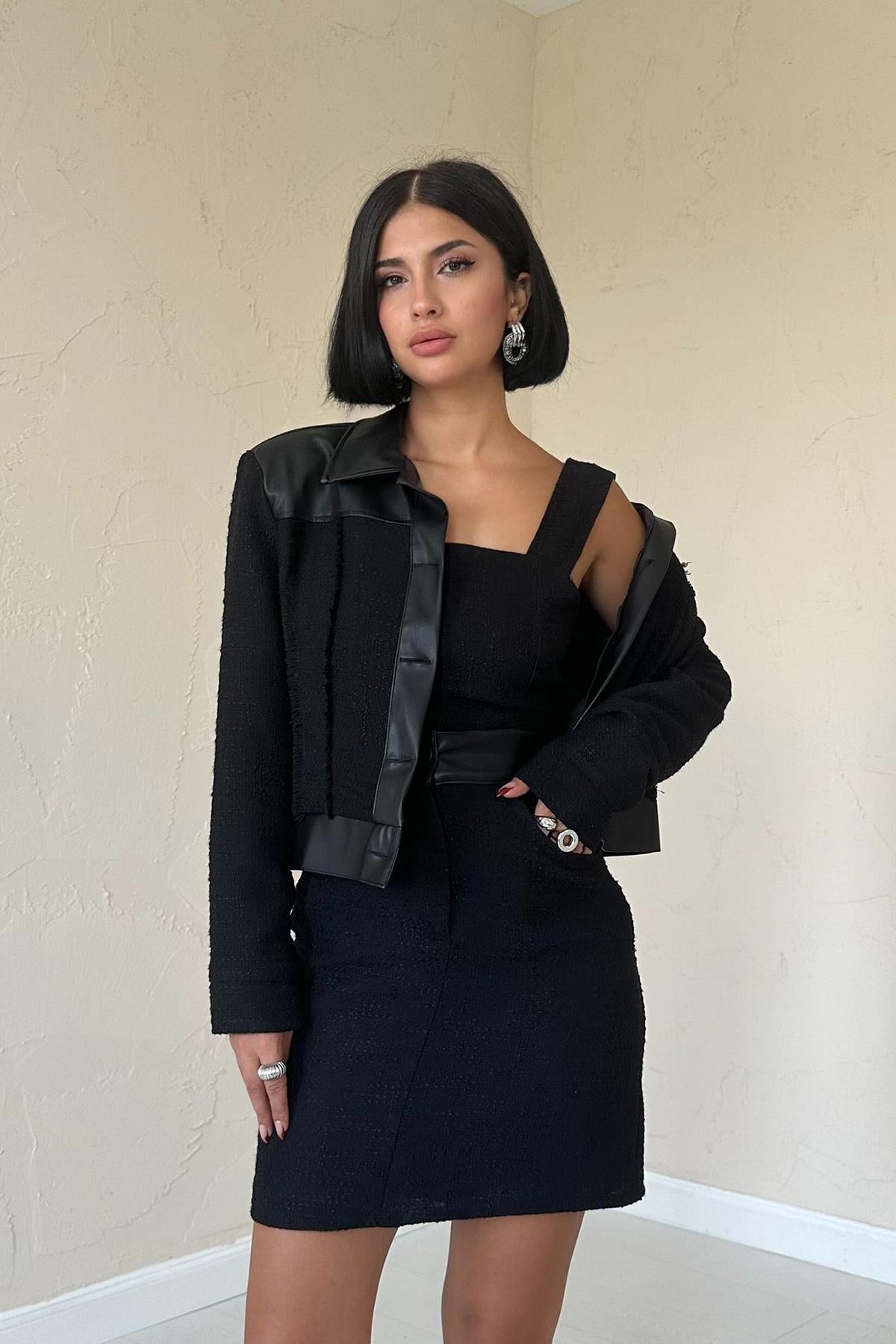 Toptan Siyah Üçlü Deri Garnili Ceket Ve Pantolon Takım