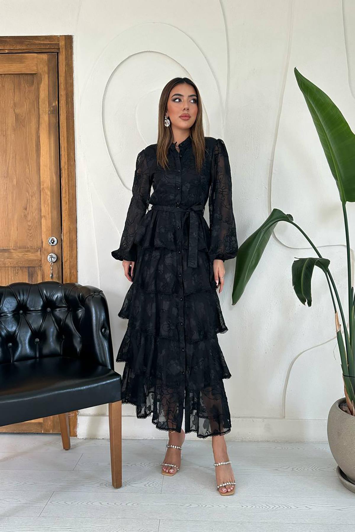 Toptan Siyah Valonlu Şeritli Kat Kat Elbise