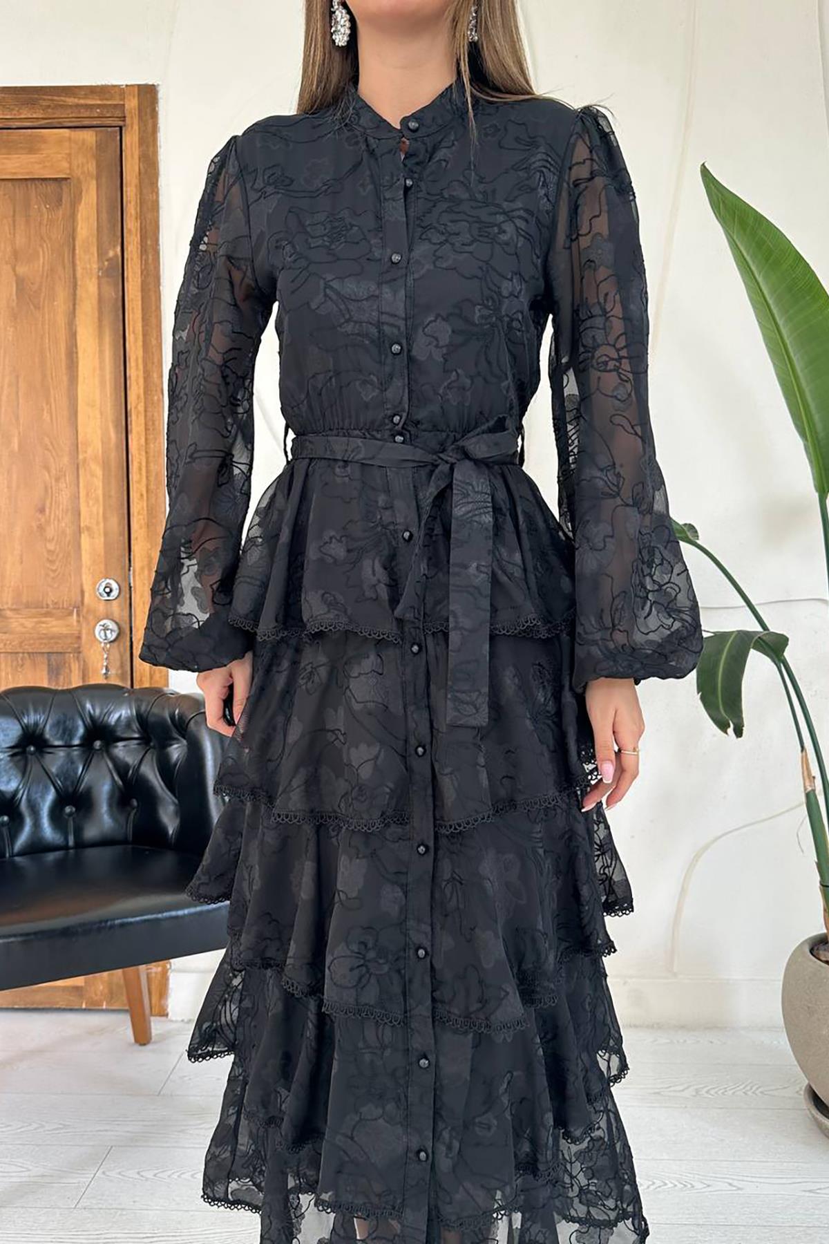 Toptan Siyah Valonlu Şeritli Kat Kat Elbise