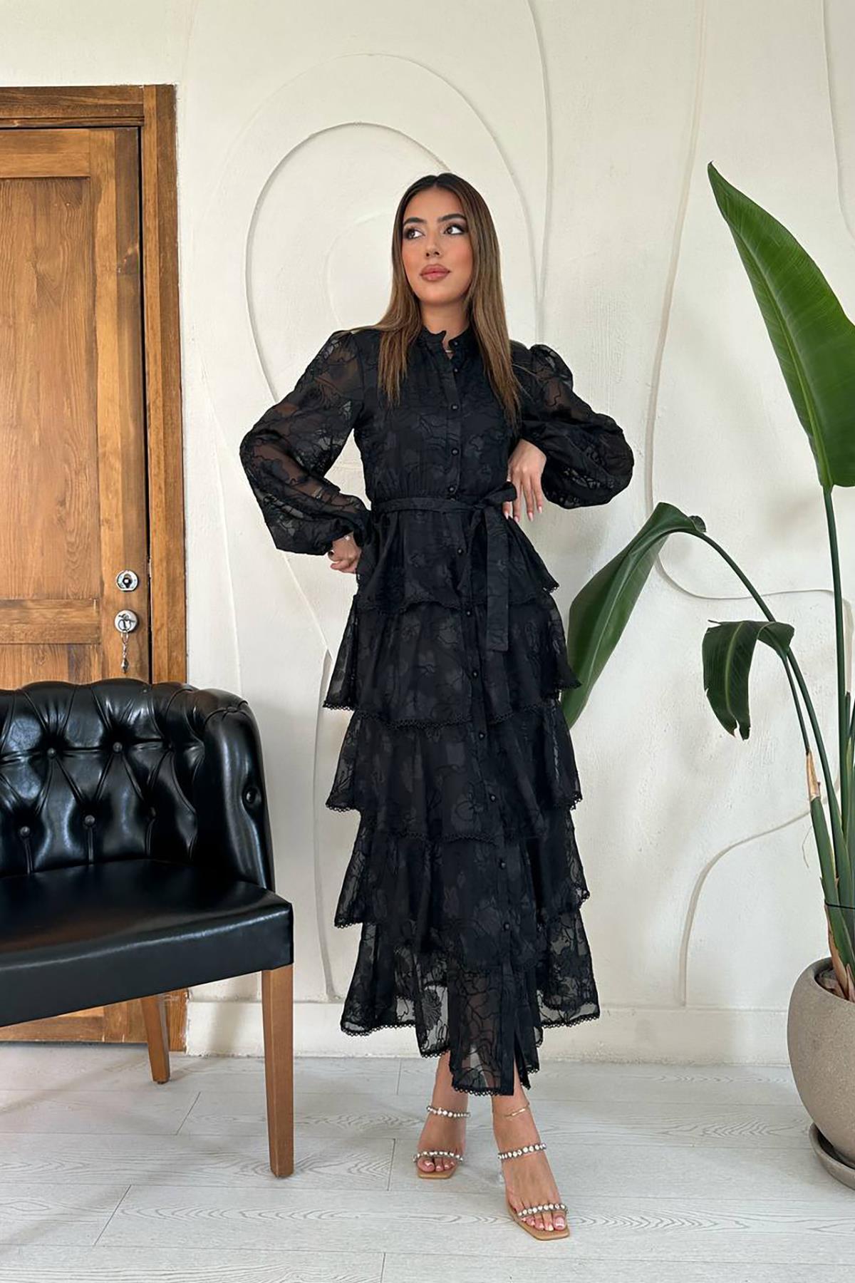 Toptan Siyah Valonlu Şeritli Kat Kat Elbise Siyah L