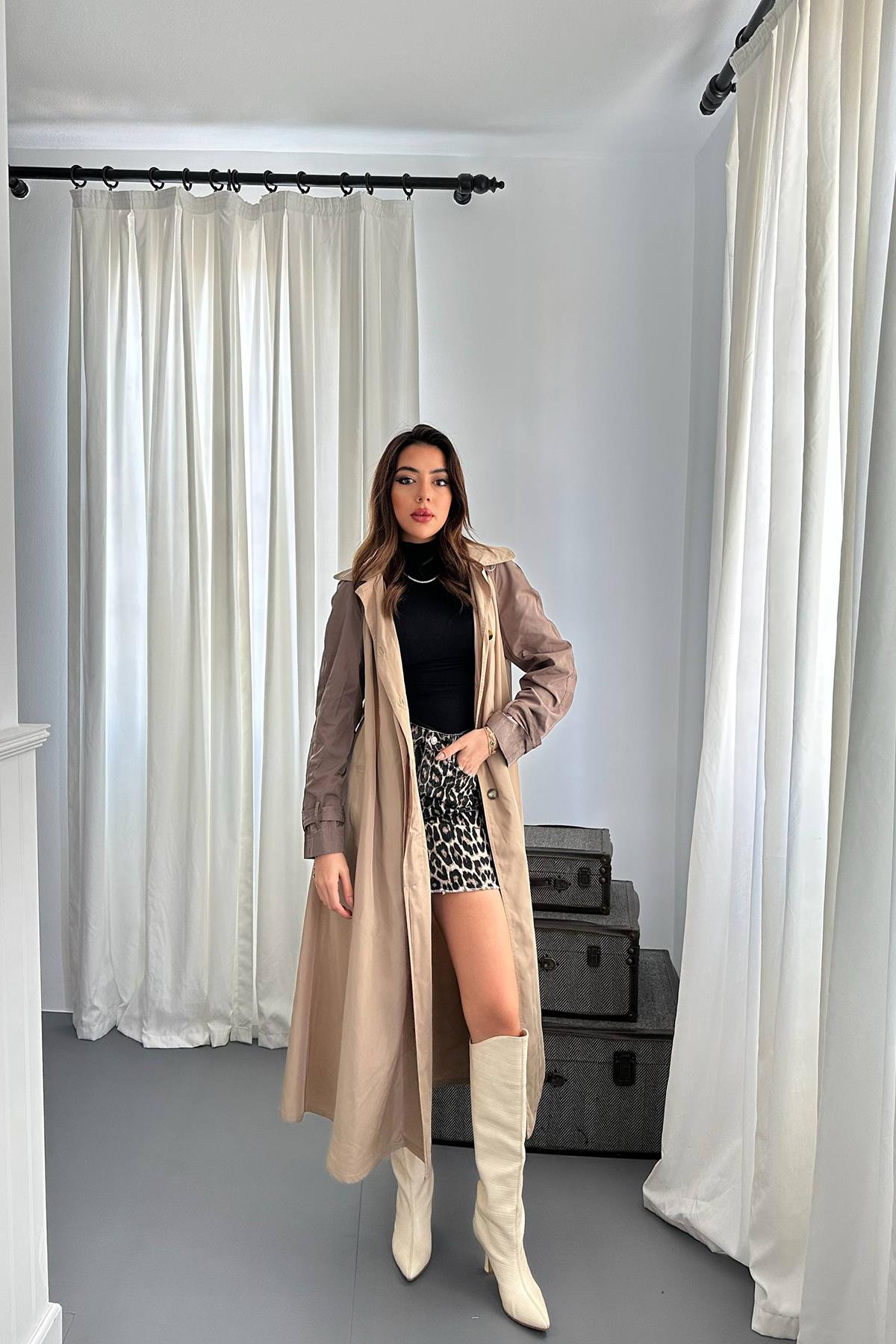 Toptan Taba Kapüşonlu Uzun Trençkot Taba 36