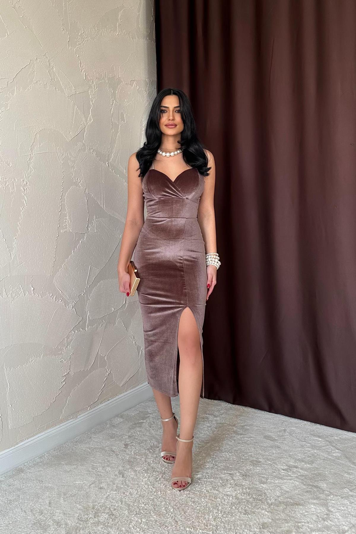 Toptan Vizon Kadife Elbise Vizon L