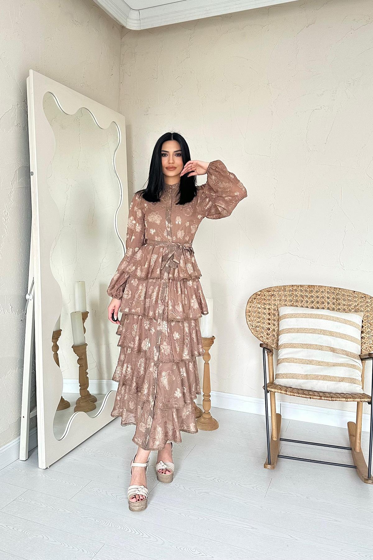 Toptan Vizon Valonlu Şeritli Kat Kat Elbise