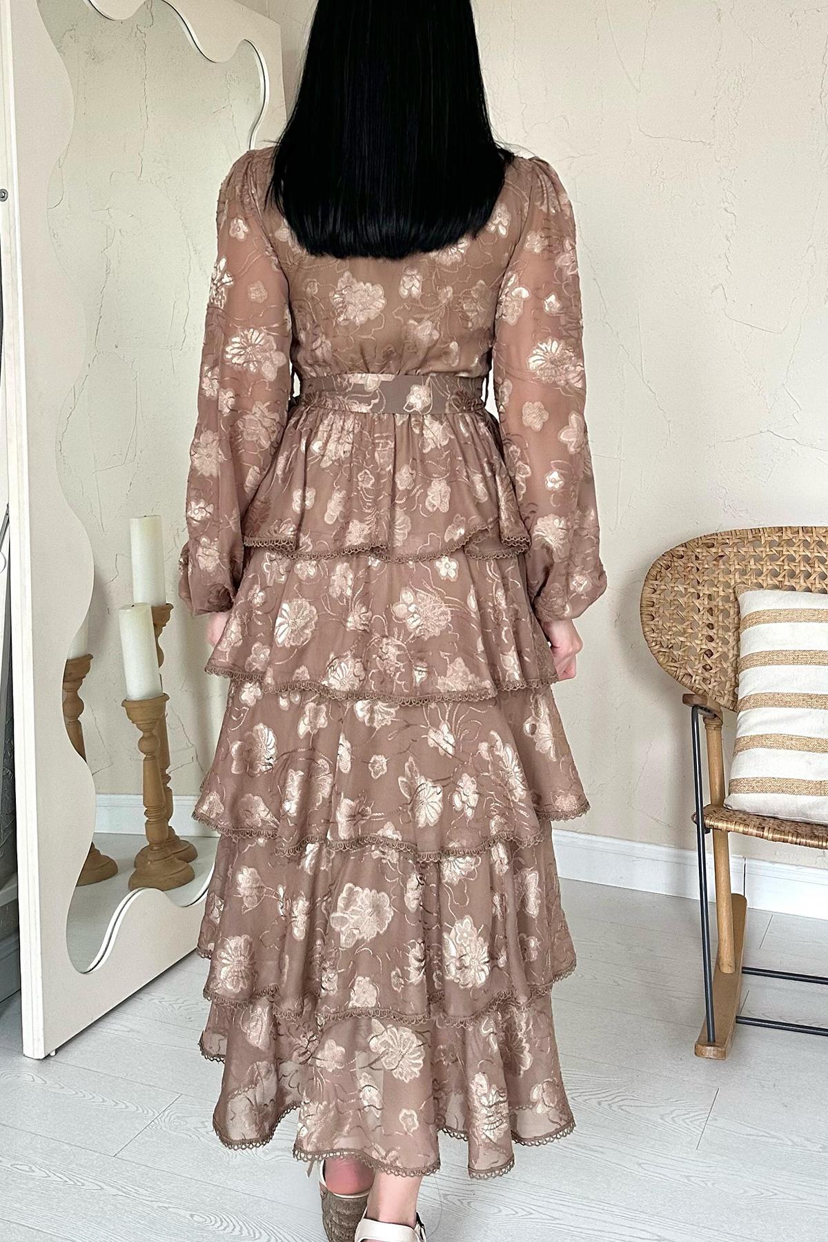 Toptan Vizon Valonlu Şeritli Kat Kat Elbise