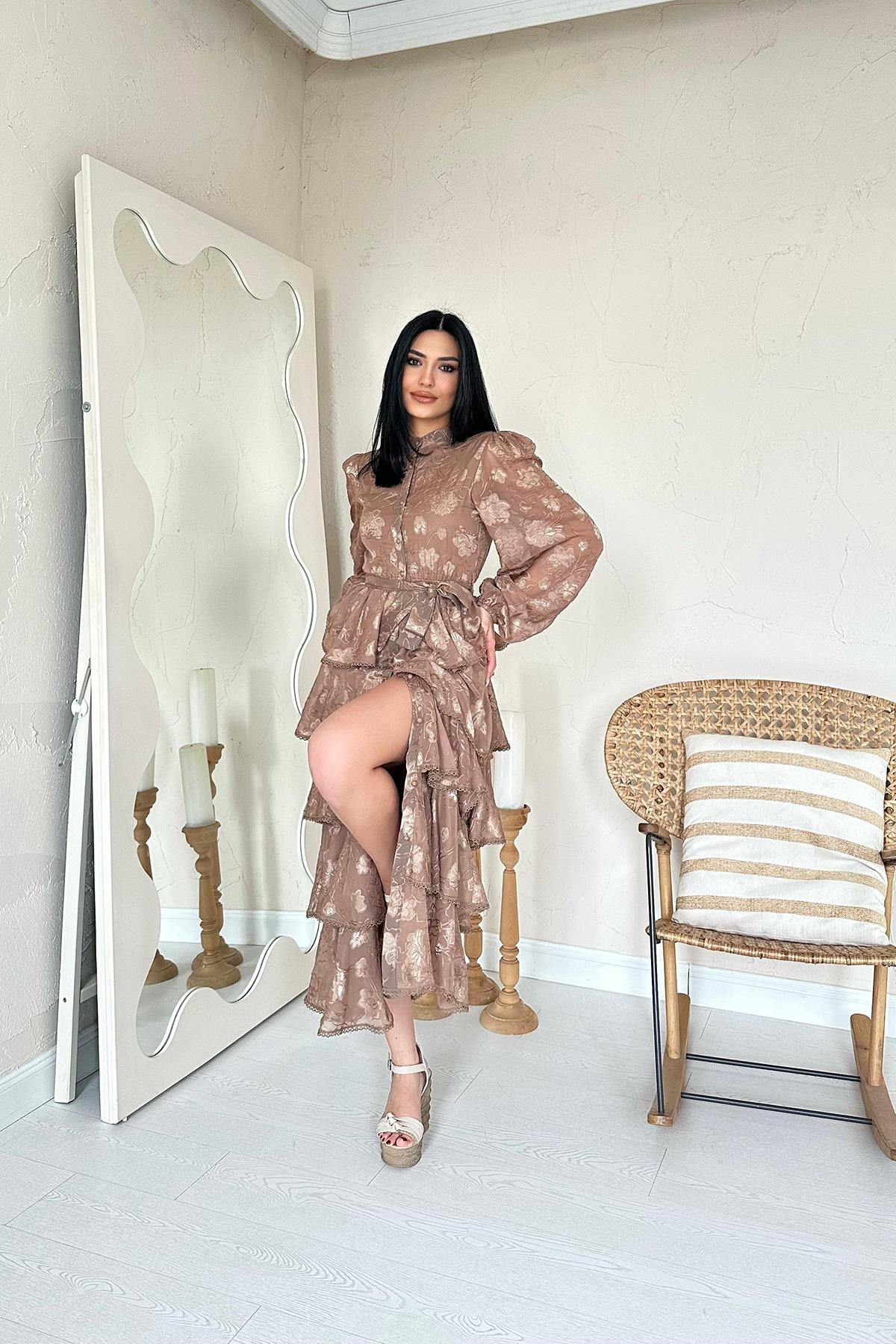 Toptan Vizon Valonlu Şeritli Kat Kat Elbise