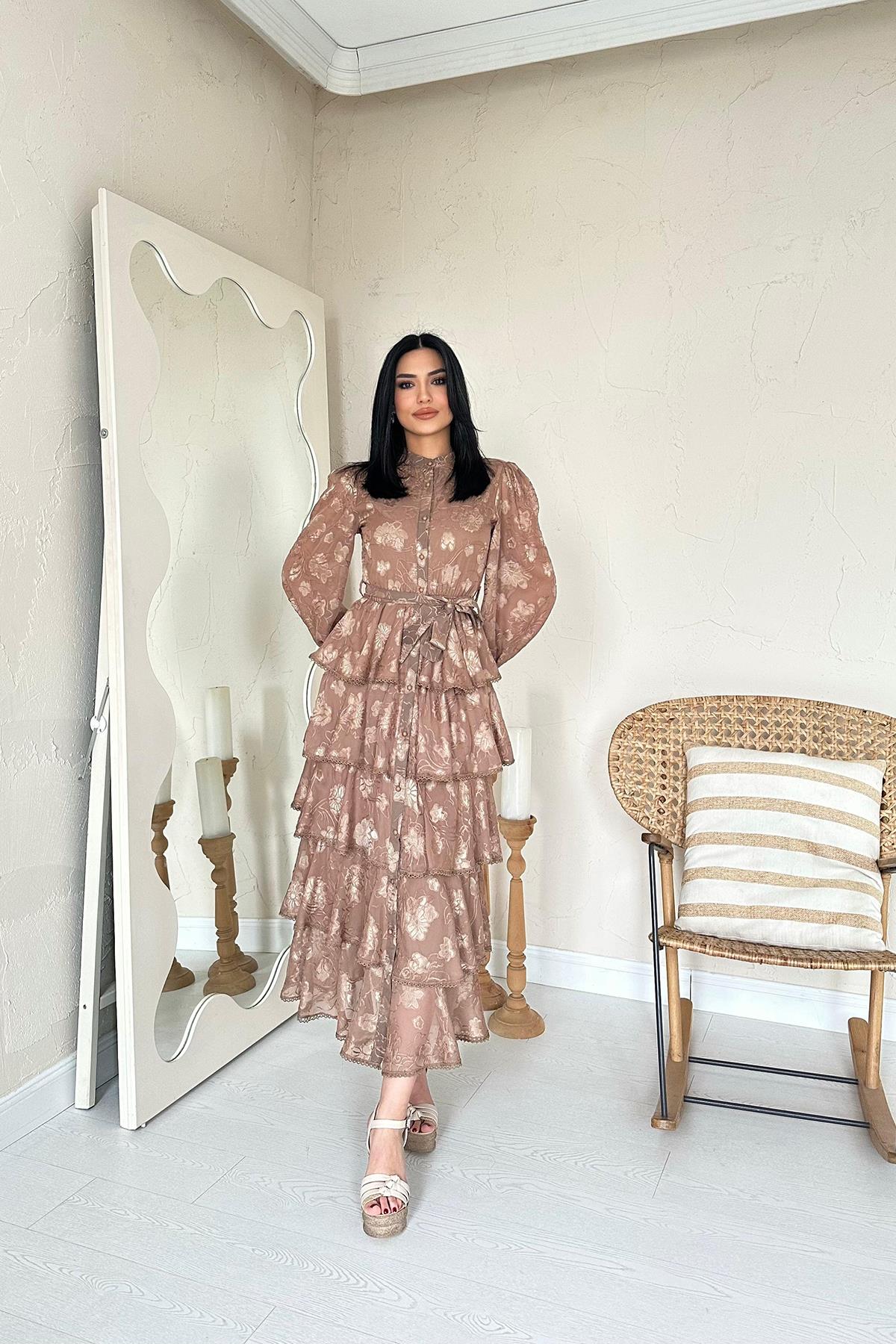 Toptan Vizon Valonlu Şeritli Kat Kat Elbise Vizon L