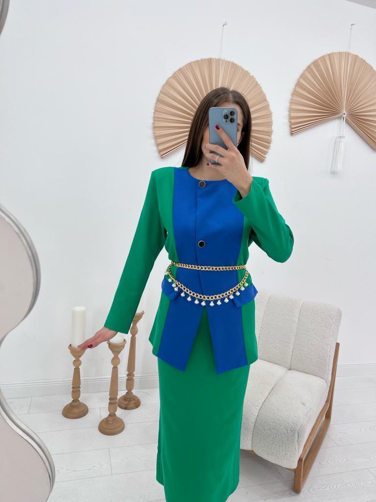 Toptan Yeşil Atlas Kumaş Garnili Ceket Ve Etek Takım Yeşil L