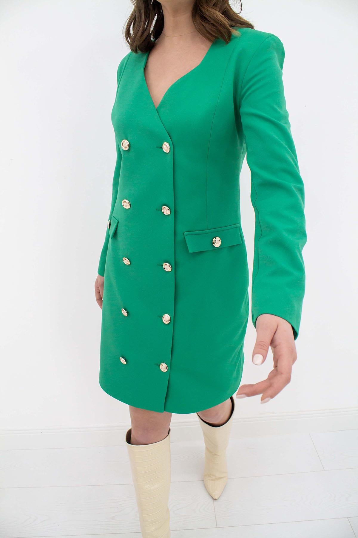 Toptan Yeşil Gold Düğmeli Ceket Elbise