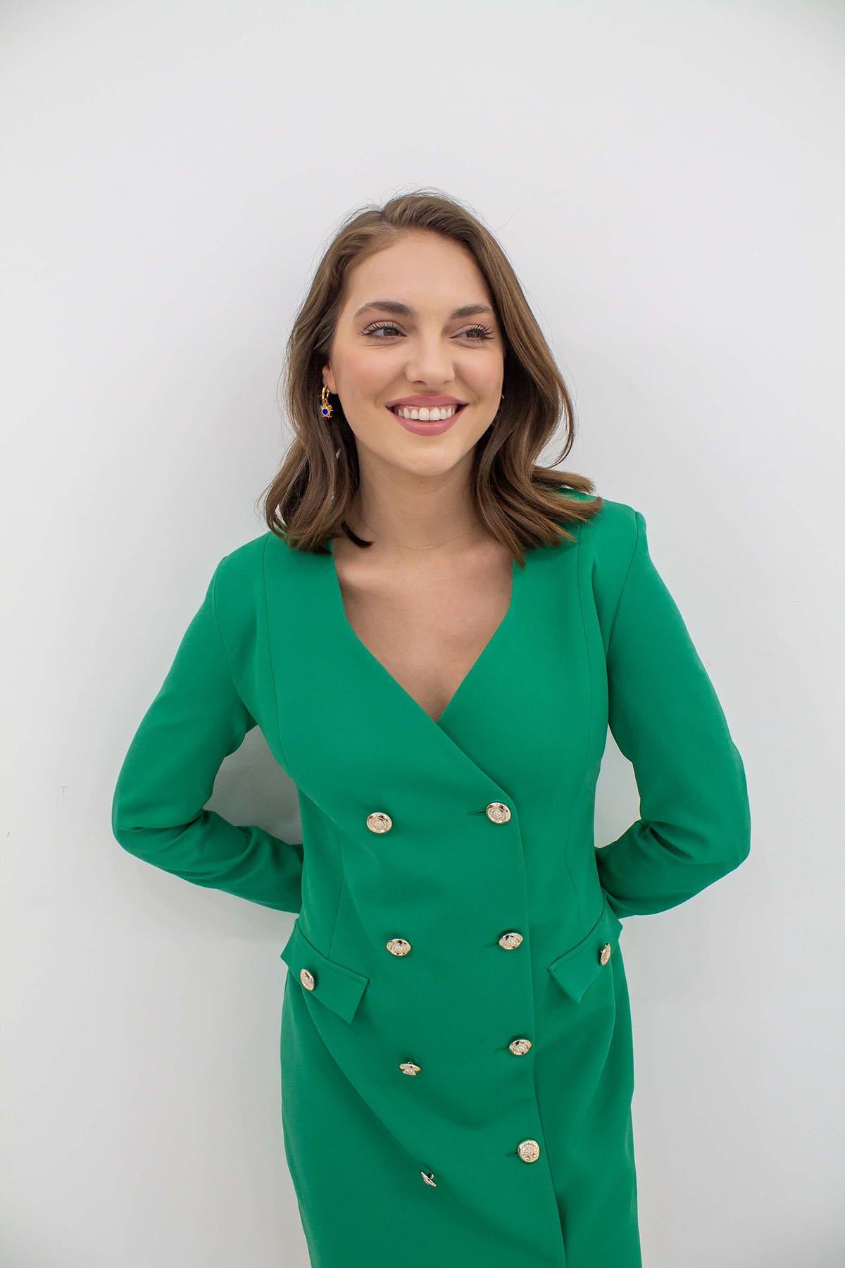 Toptan Yeşil Gold Düğmeli Ceket Elbise