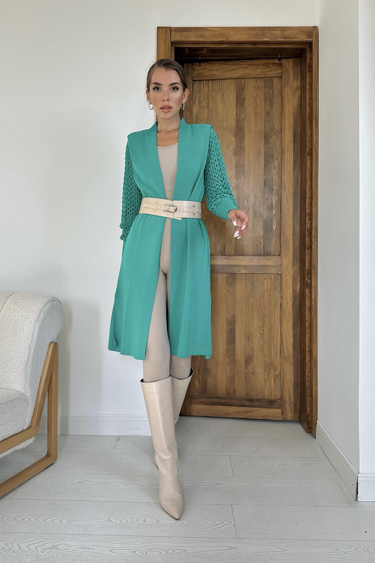 Toptan Yeşil Kolları Örgülü Triko Hırka Yeşil STD