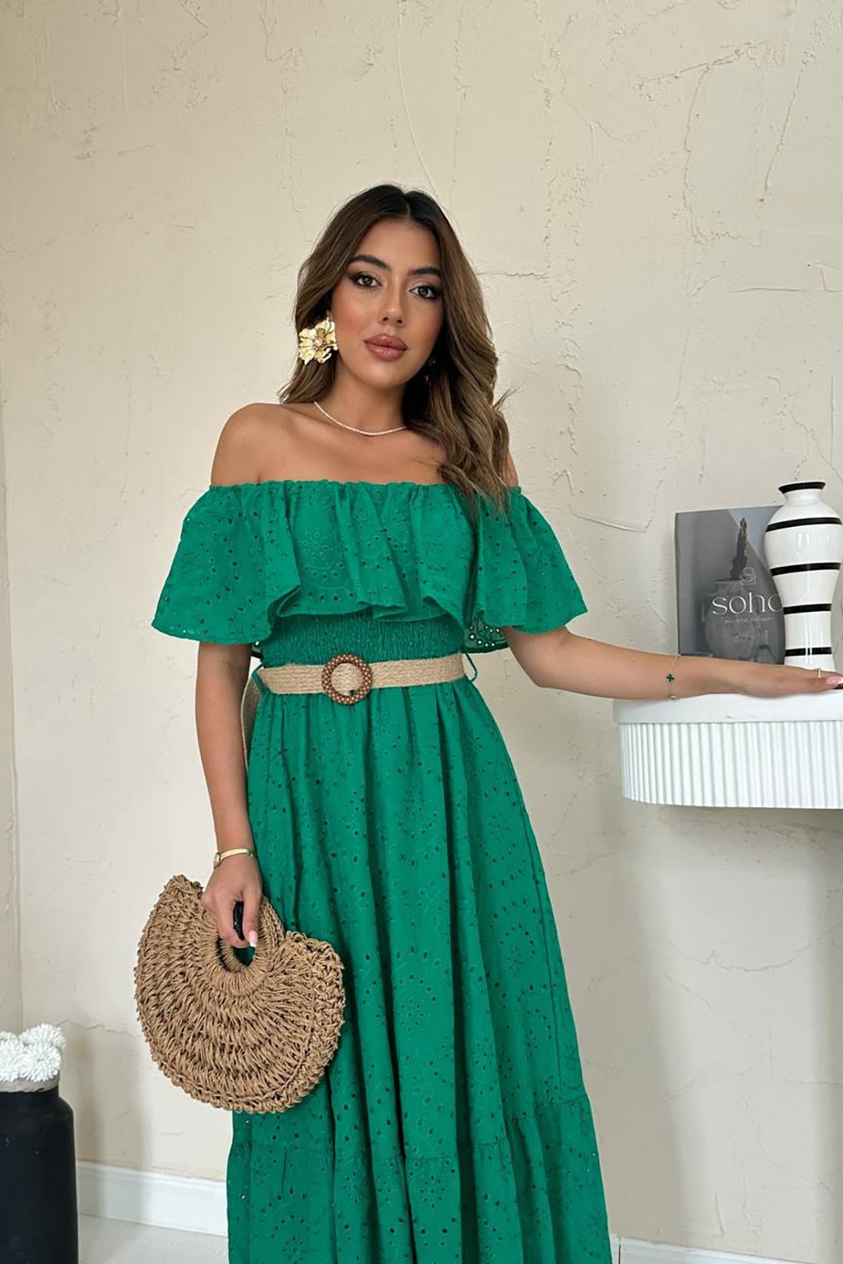 Toptan Yeşil Omzu Lastikli Brode Elbise