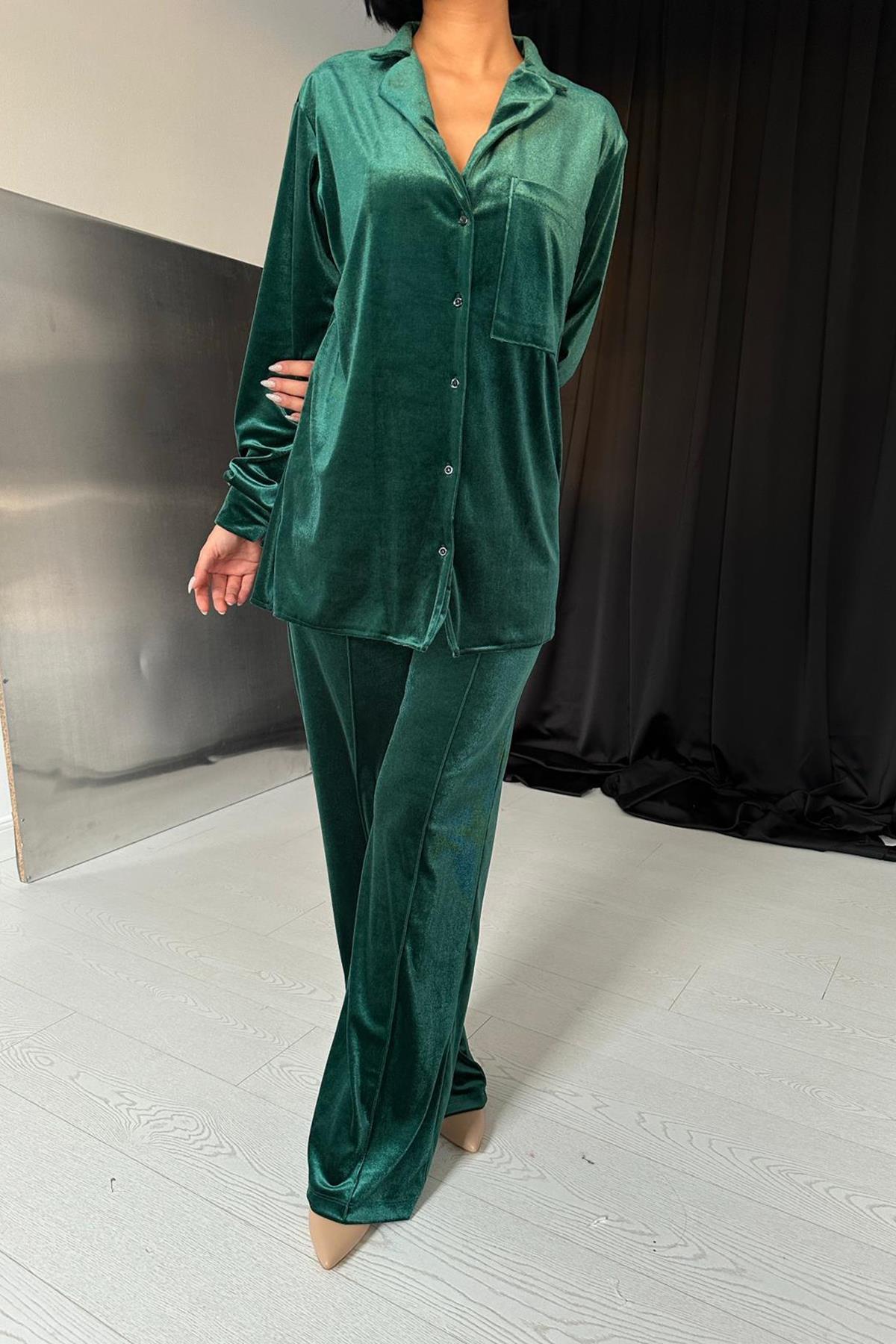 Toptan Zümrüt Klasik Gömlek Ve Pantolon Kadife Takım