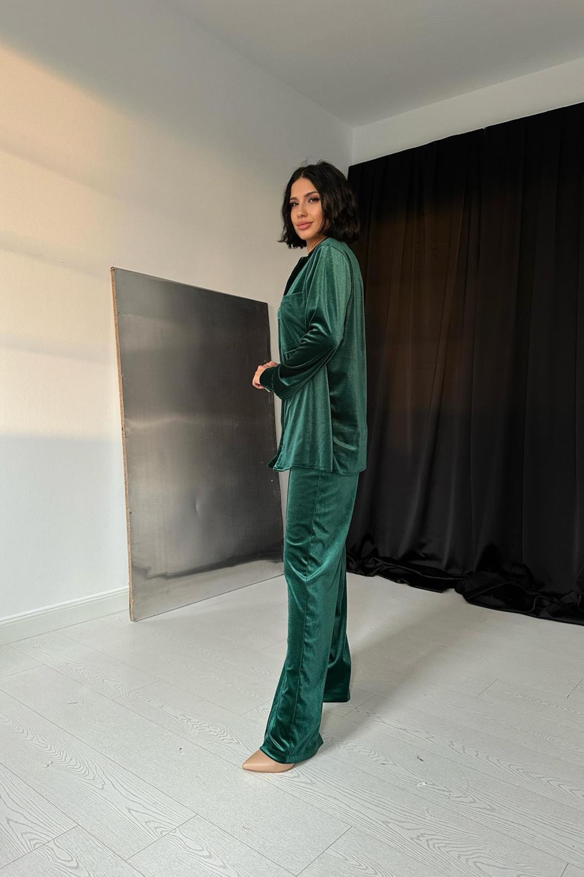 Toptan Zümrüt Klasik Gömlek Ve Pantolon Kadife Takım