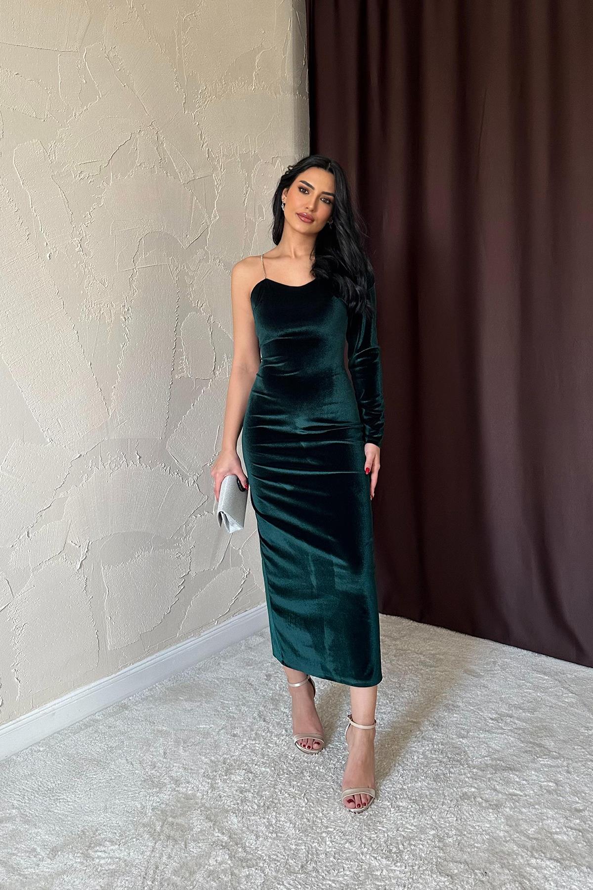 Toptan Zümrüt Tek Omuzlu Taş Askılı Elbise