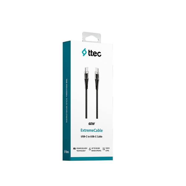 ttec ExtremeCable Ekstra Dayanıklı Transparan USB-C –USB-C 60W PD/QC 120cm Hızlı Şarj/Data Kablosu