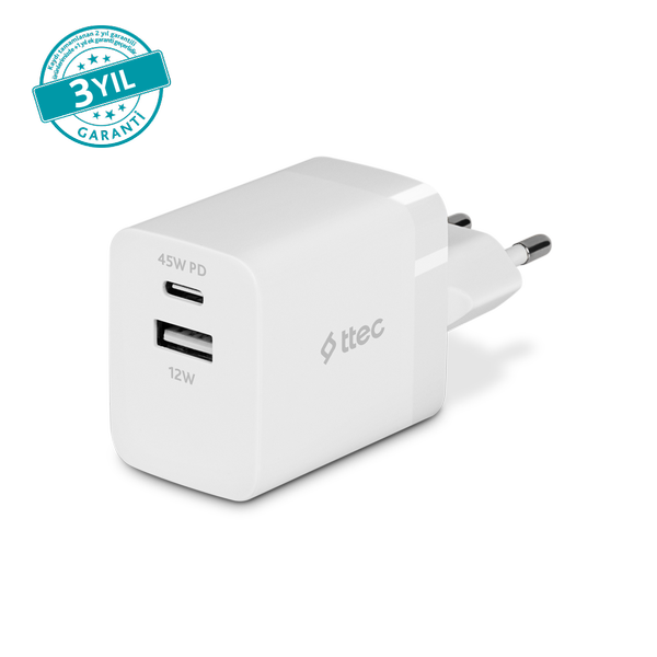 ttec SmartCharger Duo PD 45W Seyahat Hızlı Şarj Aleti USB-C+USB-A