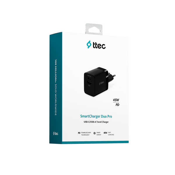 ttec SmartCharger Duo PD 45W Seyahat Hızlı Şarj Aleti USB-C+USB-A Siyah