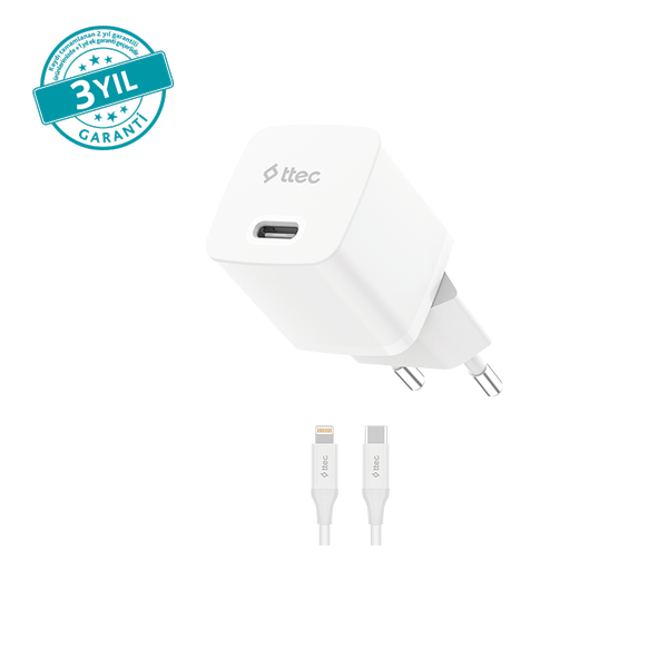 ttec SmartCharger GAN 30W PD Seyahat Hızlı Şarj Aleti + USB-C - Lightning 150cm Kablo Beyaz