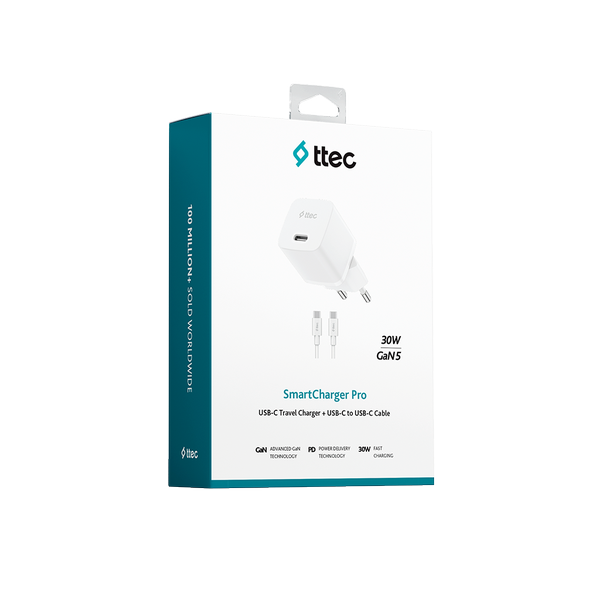 ttec SmartCharger GAN 30W PD Seyahat Hızlı Şarj Aleti + USB-C - USB-C 3A Kablo Beyaz