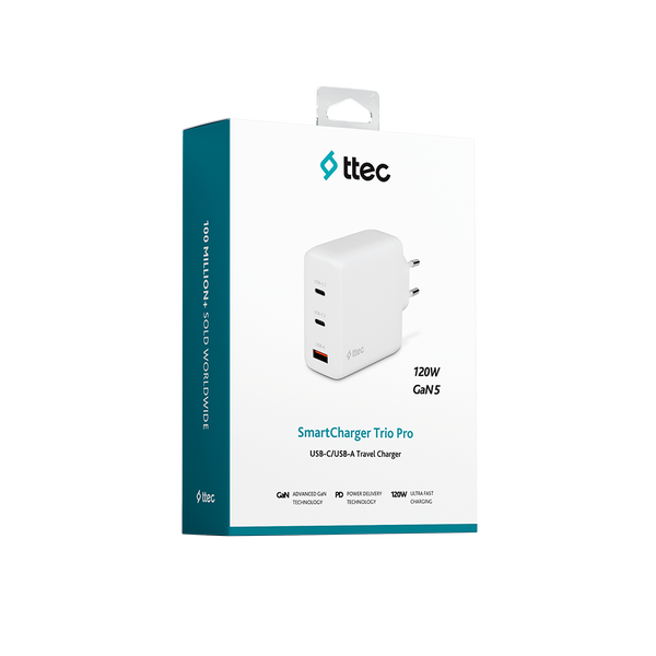 ttec SmartCharger Trio GAN 120W PD Seyahat Hızlı Şarj Aleti 2 USB-C+USB-A