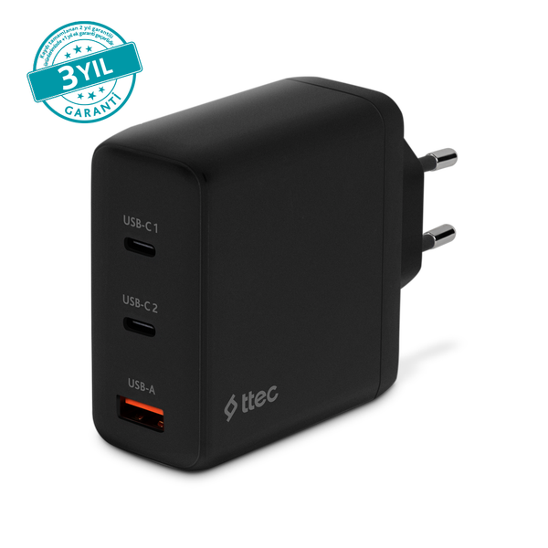 ttec SmartCharger Trio GAN 120W PD Seyahat Hızlı Şarj Aleti 2 USB-C+USB-A Siyah