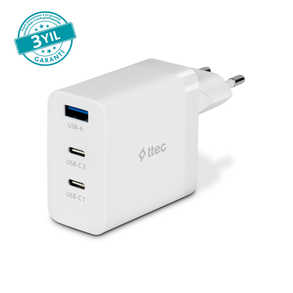 ttec SmartCharger Trio GAN 65W PD Seyahat Hızlı Şarj Aleti 2 USB-C+USB-A