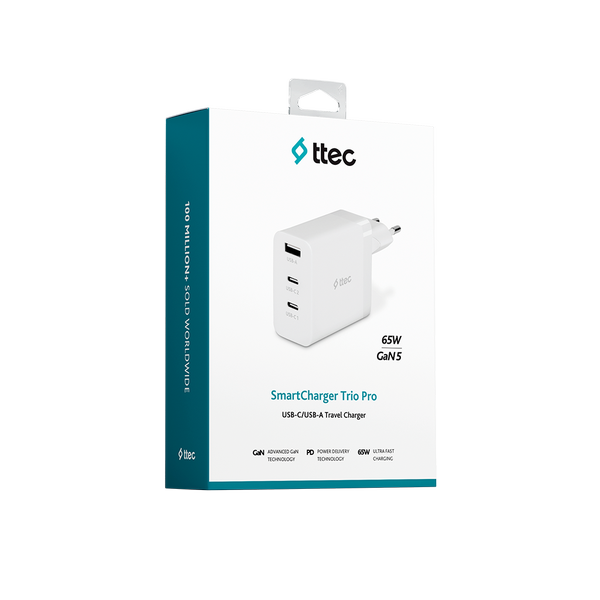 ttec SmartCharger Trio GAN 65W PD Seyahat Hızlı Şarj Aleti 2 USB-C+USB-A Beyaz