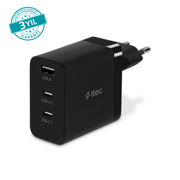 ttec SmartCharger Trio GAN 65W PD Seyahat Hızlı Şarj Aleti 2 USB-C+USB-A Siyah