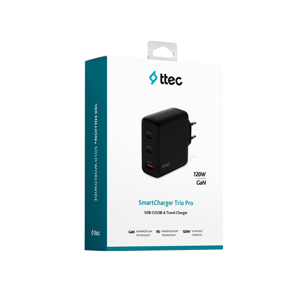 ttec SmartCharger Trio GAN 65W PD Seyahat Hızlı Şarj Aleti 2 USB-C+USB-A Siyah
