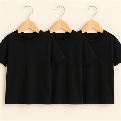 Unisex Basic Bisiklet Yaka Siyah 3'lü T-shirt Siyah 10 Yaş