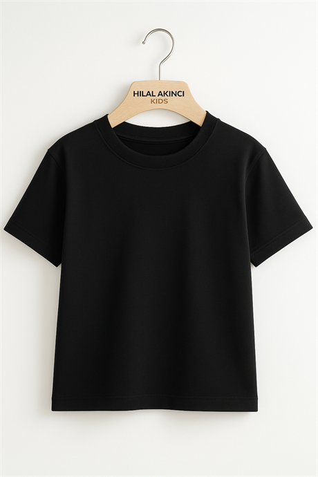 Unisex Basic Bisiklet Yaka Siyah T-shirt Siyah 10 Yaş