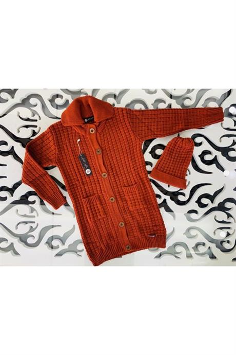 Unısex Düğmeli Oversize Bordo Triko Hırka Bere 2'li Takım BORDO 6 Yaş