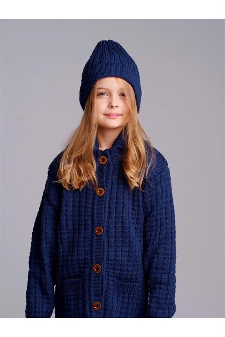 Unısex Düğmeli Oversize Uzun Triko Hırka Bere Ikili Takım LACİVERT 4 Yaş