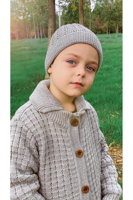 Unısex Düğmeli Oversize Uzun Triko Hırka Bere Ikili Takım GRİ 10 Yaş