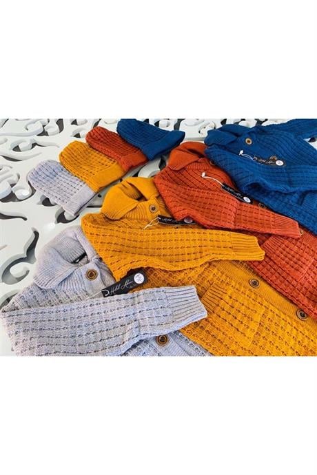 Unısex Düğmeli Oversize Uzun Triko Hırka Bere Ikili Takım LACİVERT 6 Yaş