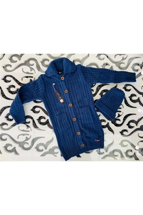 Unısex Düğmeli Oversize Uzun Triko Hırka Bere Ikili Takım LACİVERT 4 Yaş